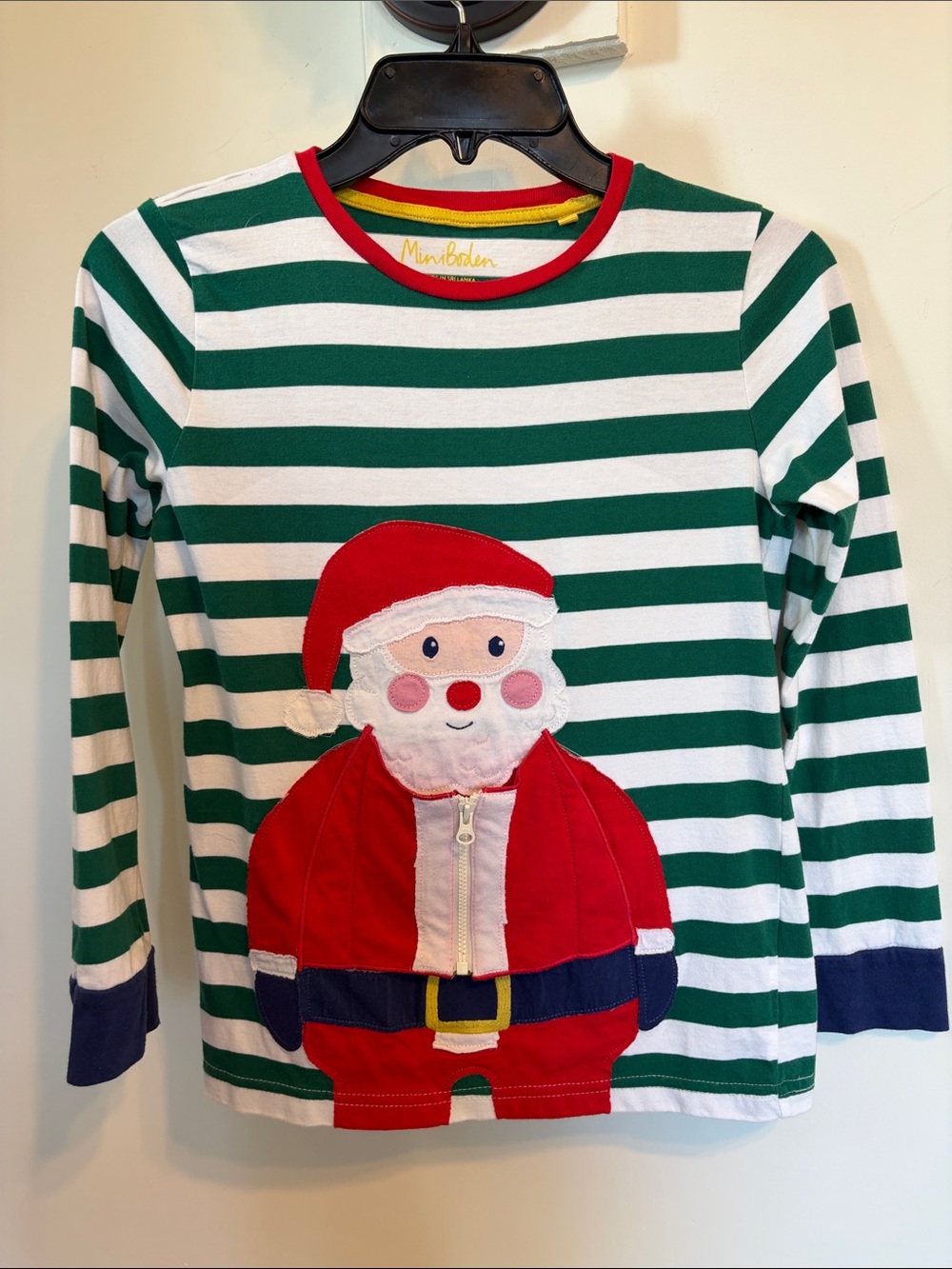 Mini Boden 9-10 140 Interactive Santa Claus Christmas Applique Stripe Shirt